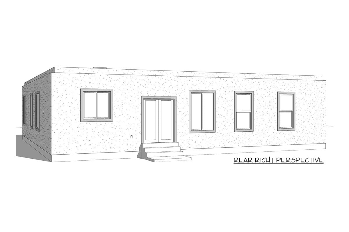 Rear-right perspective of a single-story house plan, featuring a flat roof, double doors, and multiple windows.