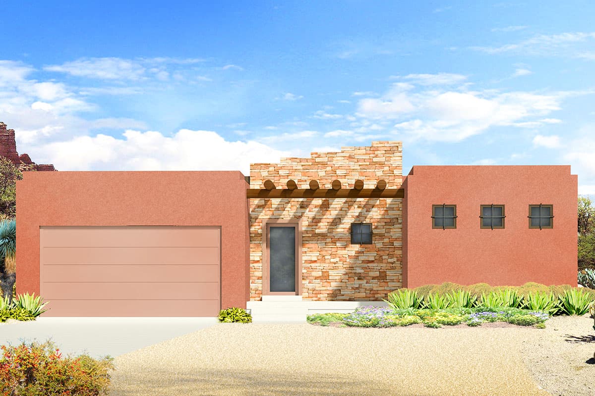 House plan exterior. Southwestern style, single-story home with a stone facade entry, a flat roof, and a garage.
