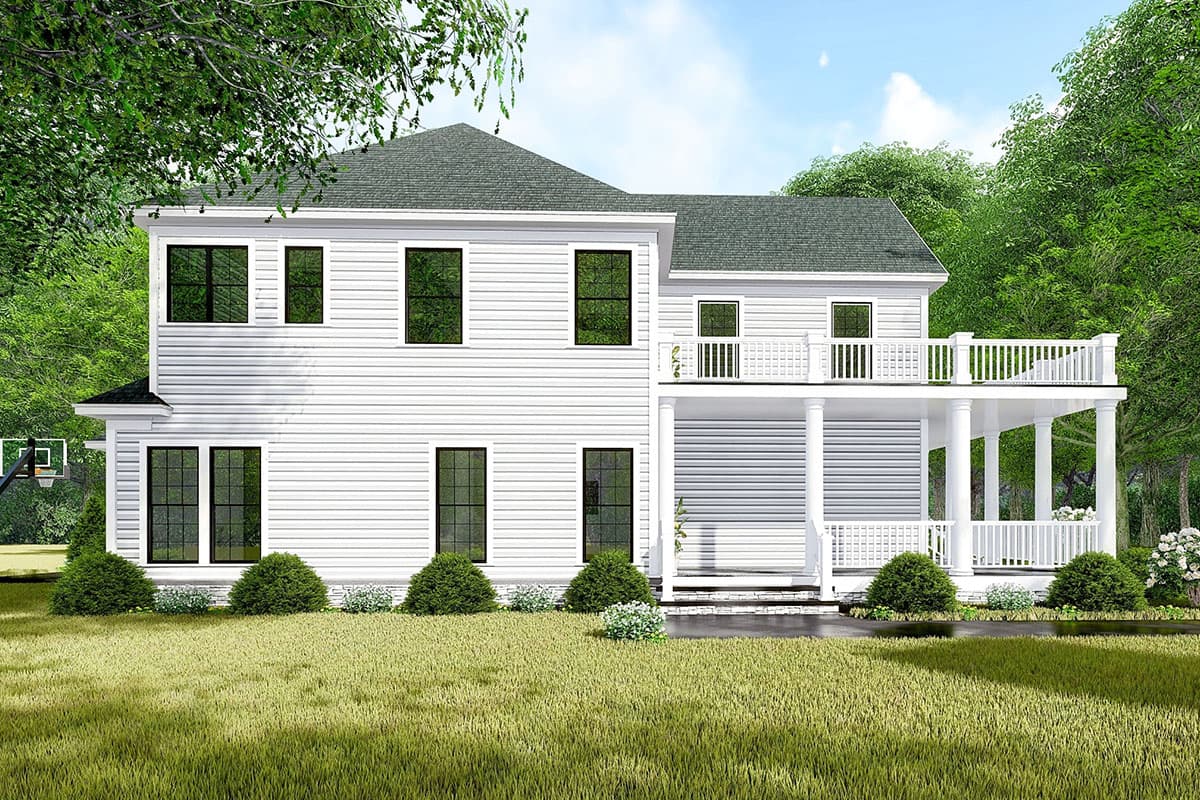 House plan exterior of a two-story home with a wraparound porch, second-floor balcony, and gabled roof.