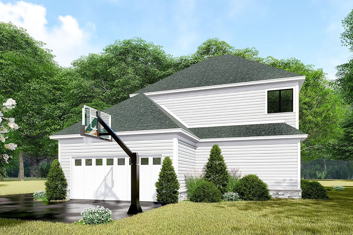 House plan exterior of a two-story home with a side-entry garage, white siding, gabled roof, and dormer.