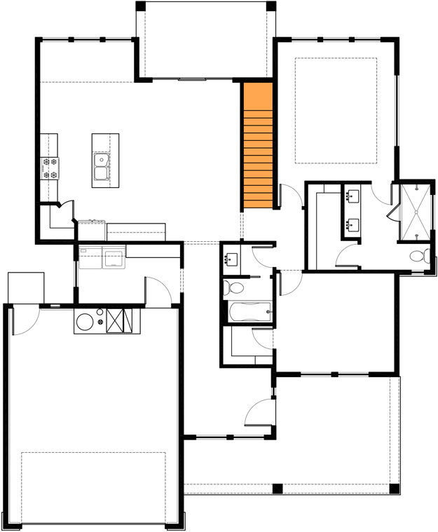 Plan 370013SEN: 2-Bed Craftsman Beauty with 2-Car Garage - Floor Plan - Basement Stairs - Craftsman, New American