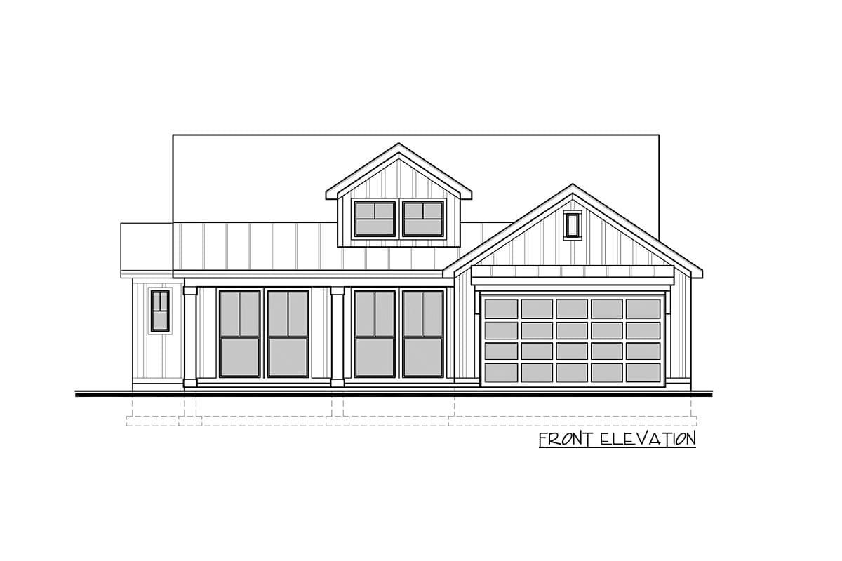 Front elevation drawing of a two-story house plan with a covered porch, dormer, and two-car garage.