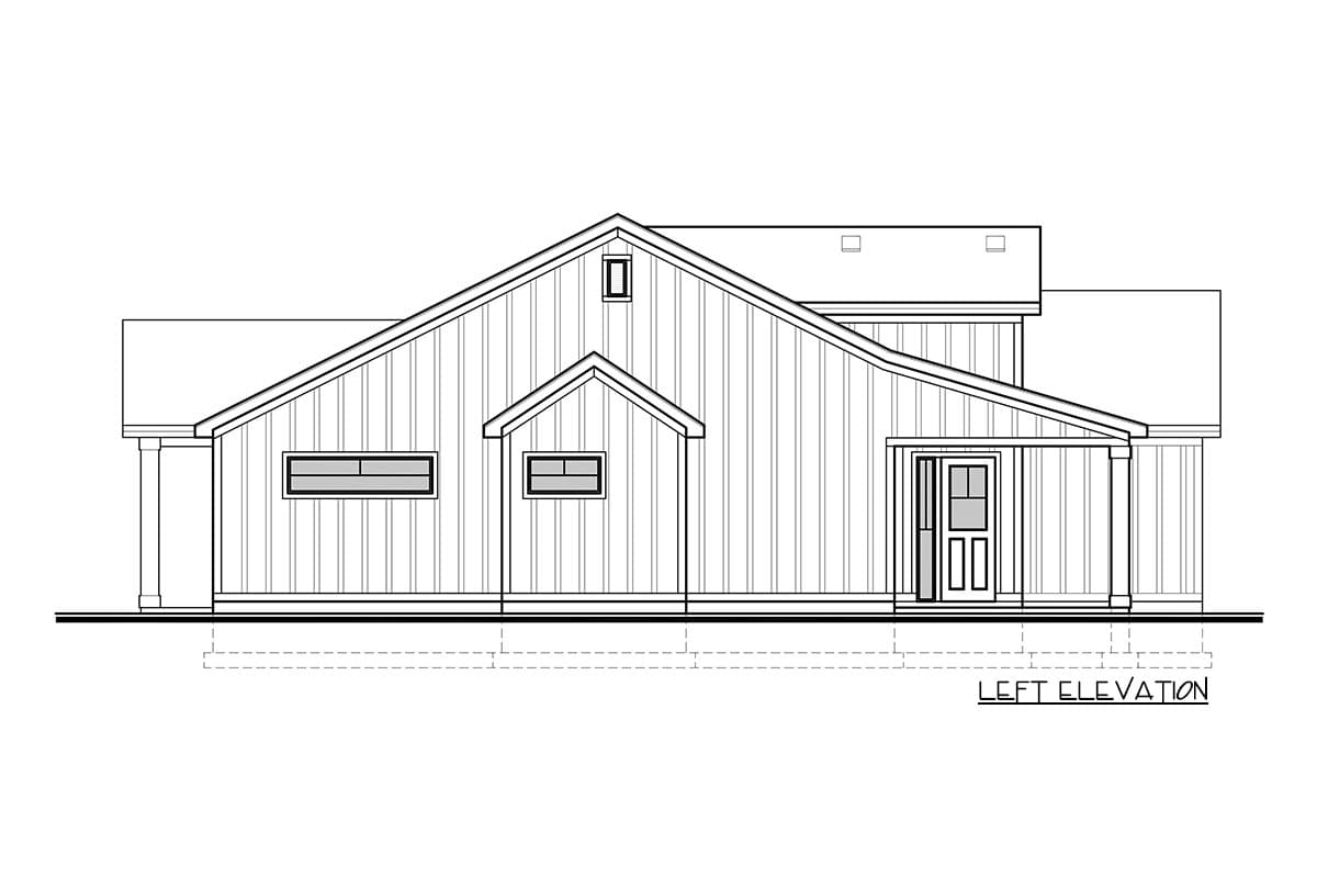 Left elevation house plan with vertical siding, prominent gables, a covered entry, and varied rooflines.