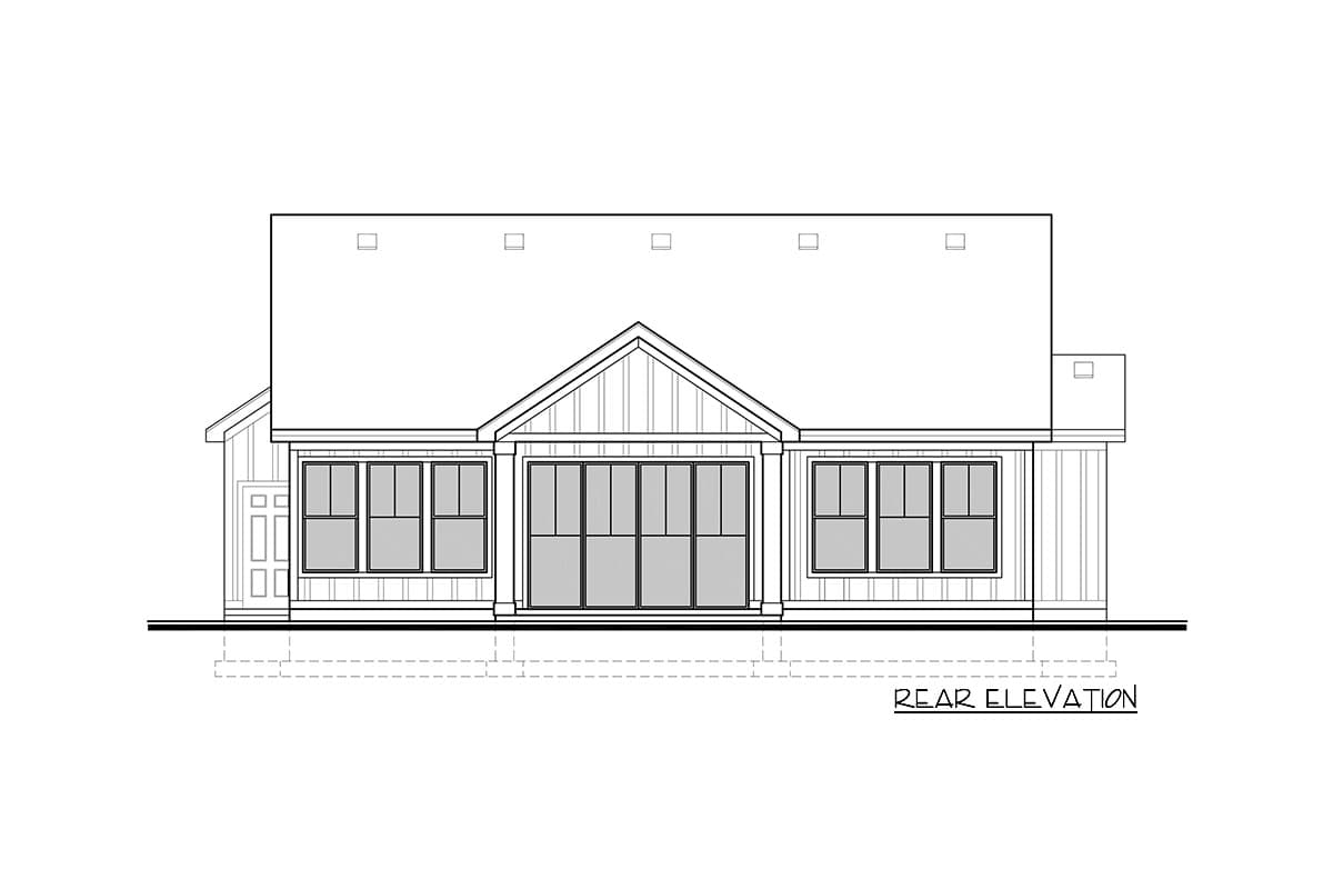 Rear elevation drawing of a single-story house with a prominent gabled dormer, multiple windows, and sliding glass doors.