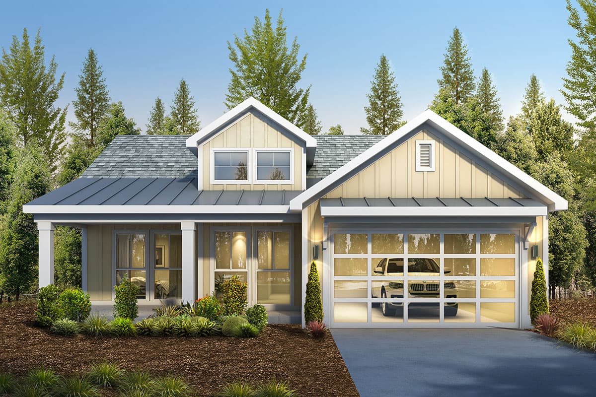 House plan exterior. One-story Modern Farmhouse with gables, a porch, and a side-entry garage. Metal roof. Windows with light-colored siding.