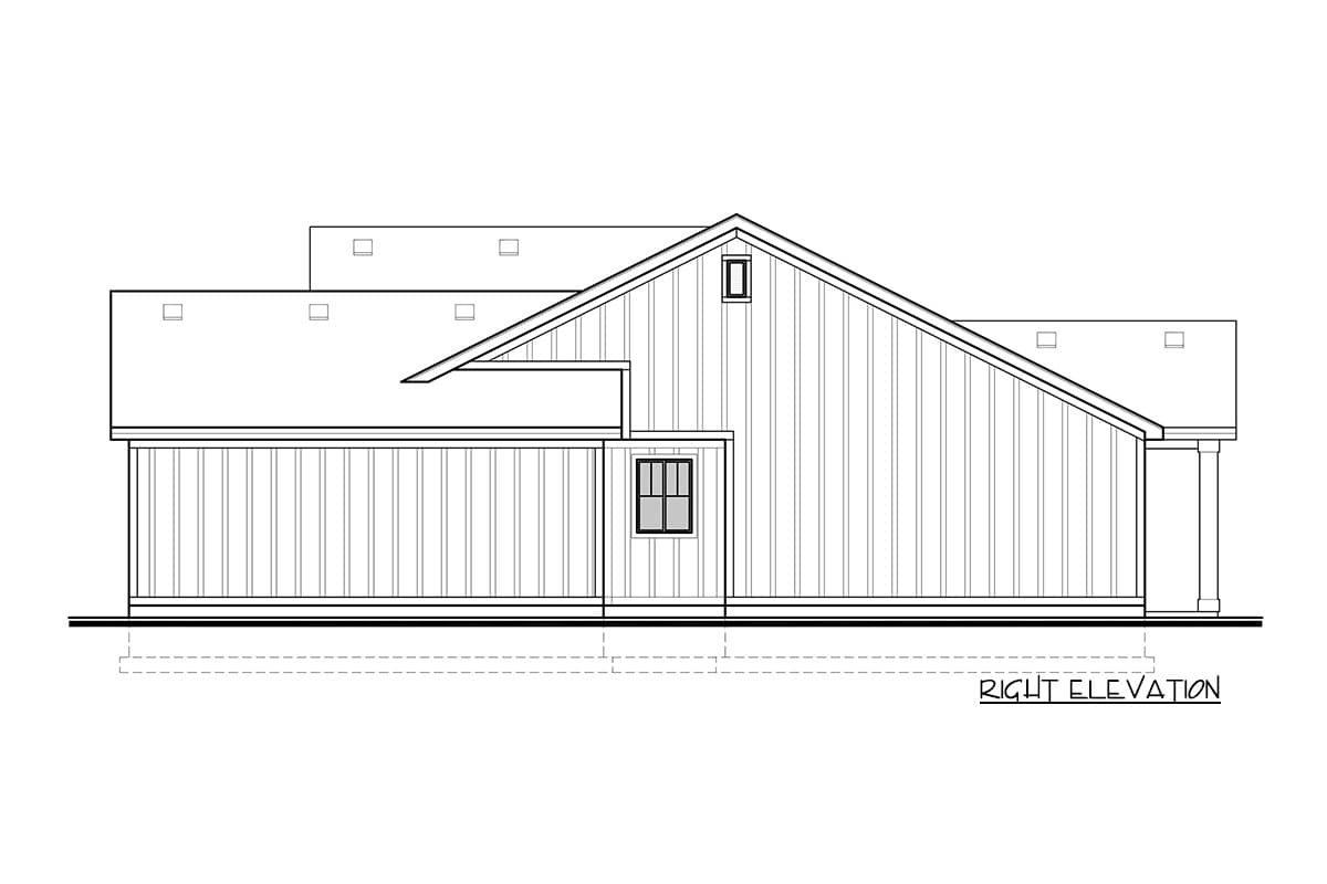 House plan right elevation drawing showing a single-story structure with gabled rooflines, vertical siding, and a covered porch.
