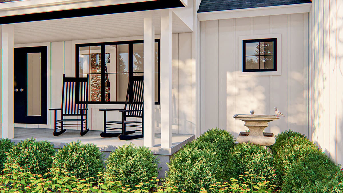 Modern Farmhouse house plan exterior with covered porch, rocking chairs, board-and-batten siding, and simple gable roofline.