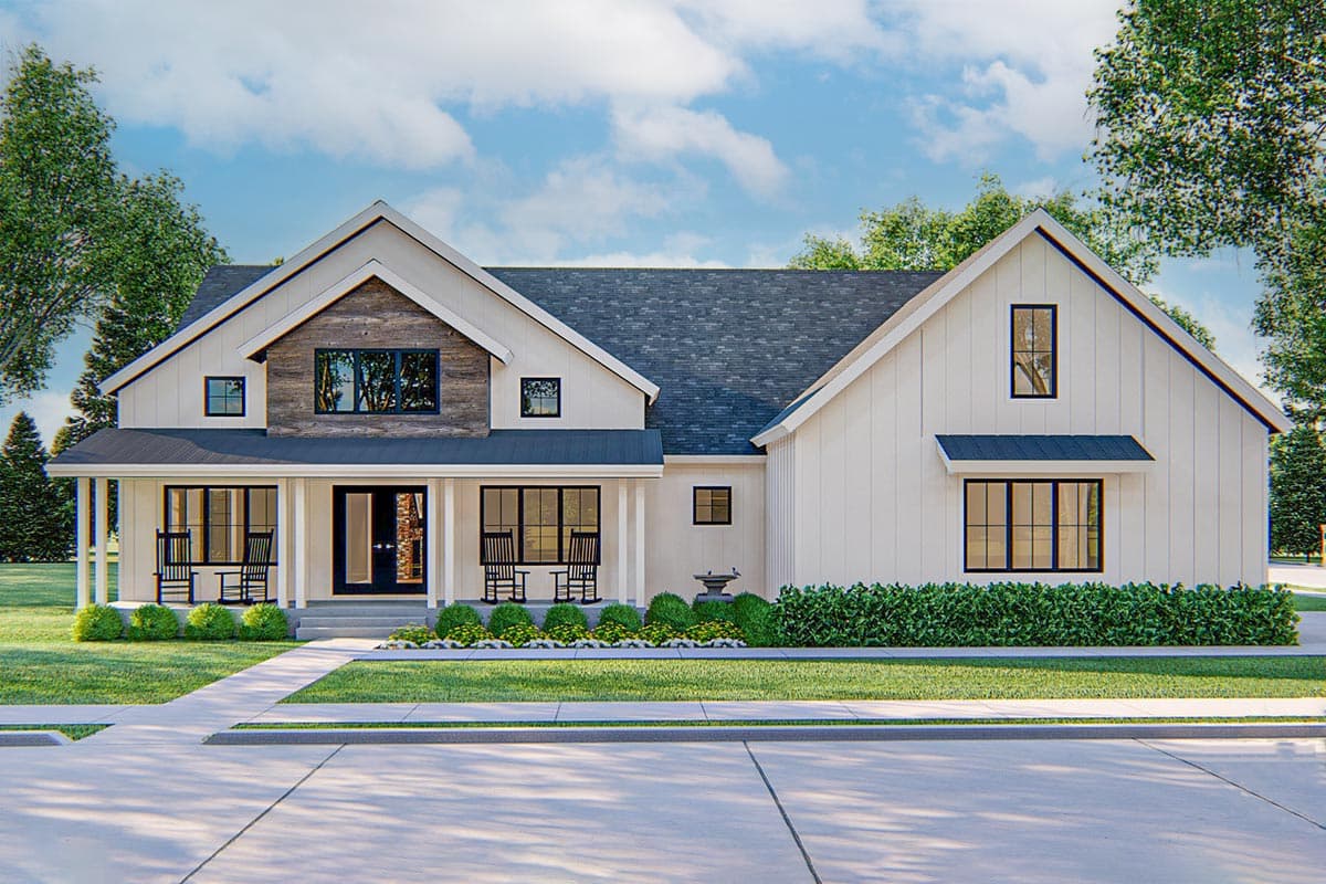House plan exterior view of a Modern Farmhouse with a gabled roof, a covered front porch, and dormers. Two-story structure with wood accents.