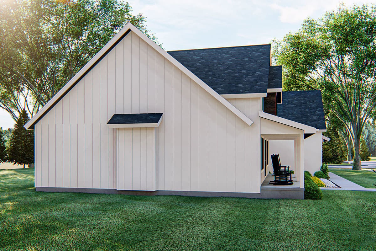 Modern Farmhouse house plan exterior, two stories, white board and batten siding, gables, covered porch with rocking chairs.