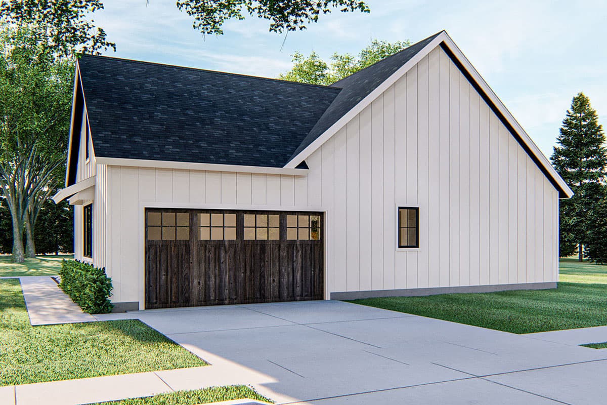 House plan exterior featuring board and batten siding, a steeply pitched gable roof, and a dark wood garage door with glass panes.