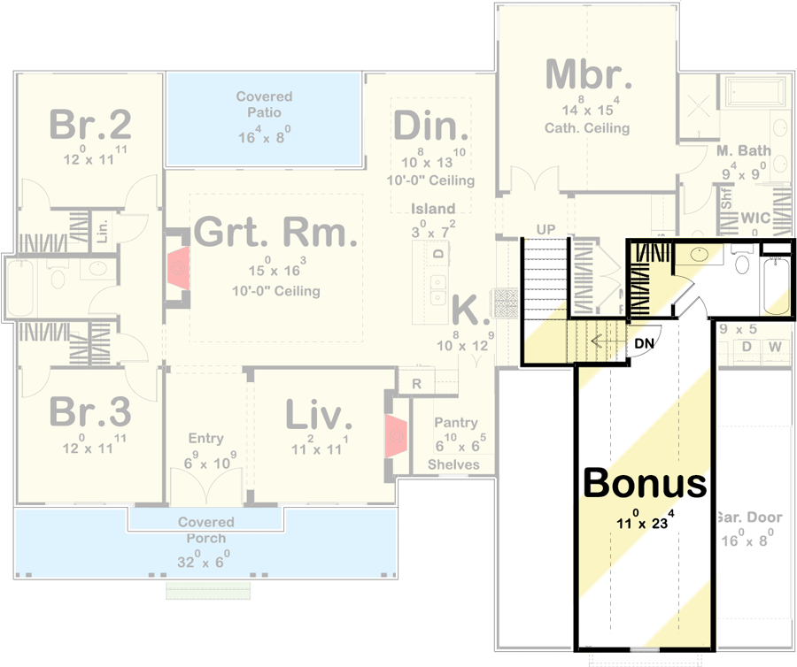 Plan 62832DJ: 3-Bed New American Farmhouse Plan with Bonus Room and Basement Expansion - Floor Plan - Optional Bonus Level - Country, Craftsman, Modern Farmhouse, New American