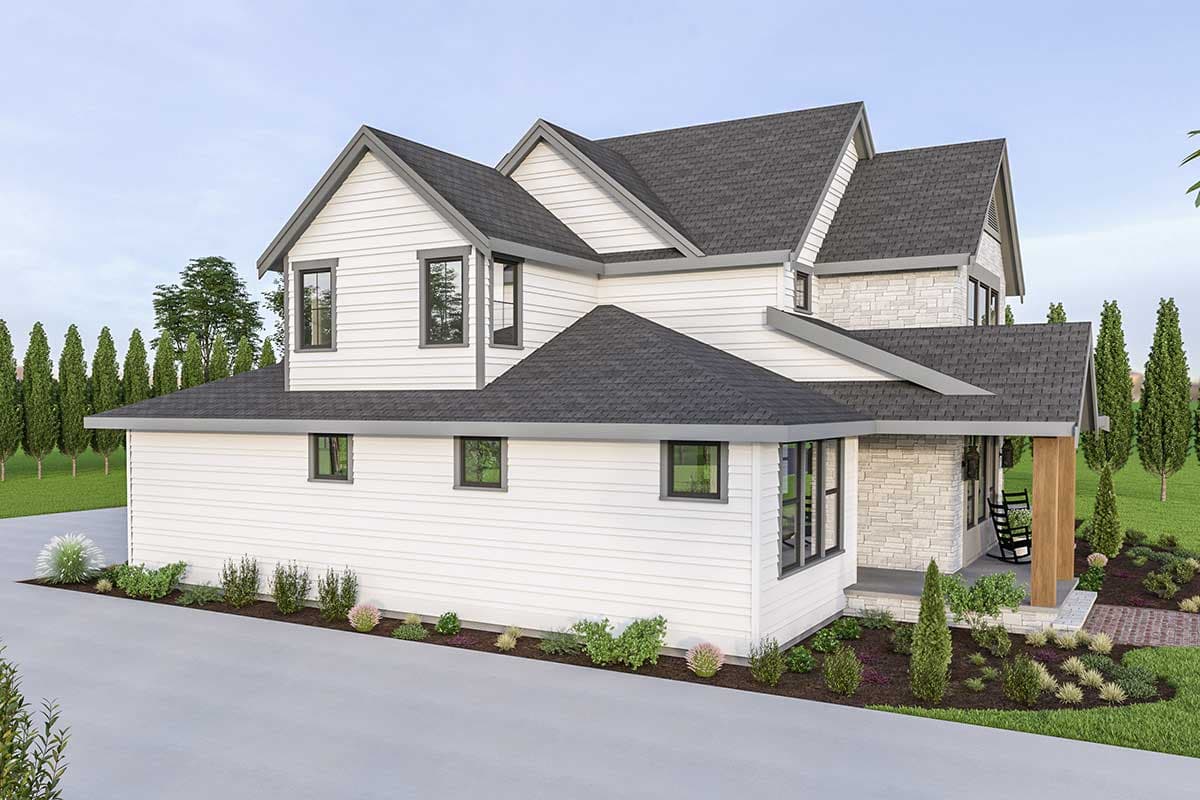 House plan exterior: Two-story Modern Farmhouse with gables, dormers, stone accents, and a covered front porch.