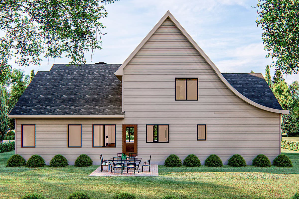 House plan exterior, two stories, with a prominent gable roof, curved roofline, and vinyl siding.