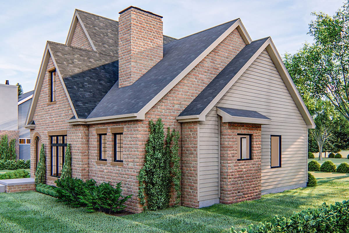 House plan exterior, two stories, brick and siding, prominent gable and chimney.