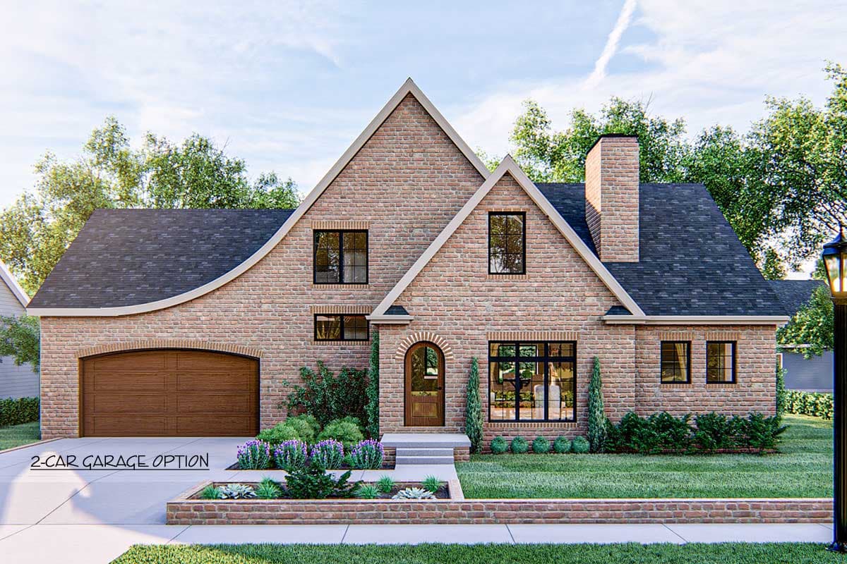 House plan exterior: Brick home with a 2-car garage, arched entryway, multiple gables, and a prominent brick chimney.