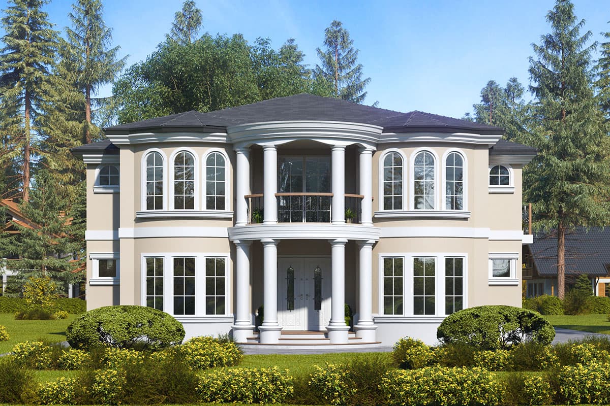 House plan exterior. Two-story home with a curved roofline and a balcony supported by columns. Features include arched windows and a portico.