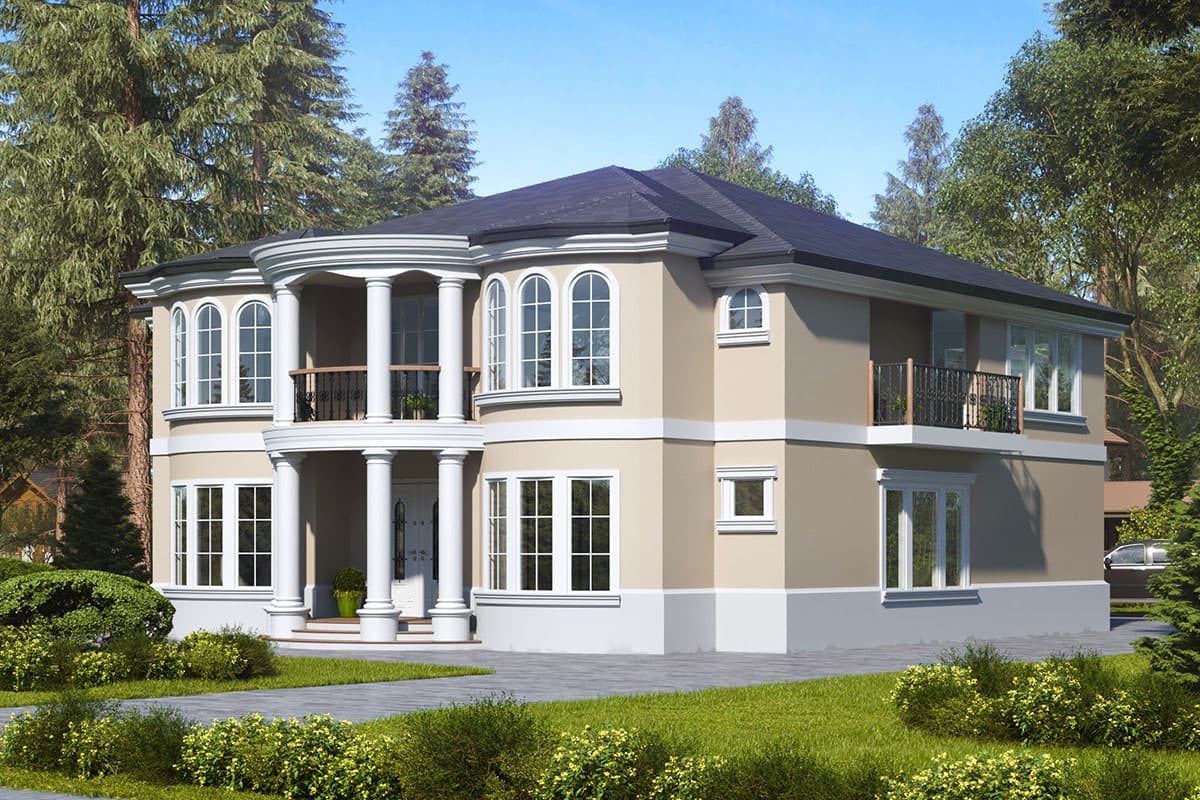 House plan exterior: two-story with rounded columns, arched windows, and second-story balcony.