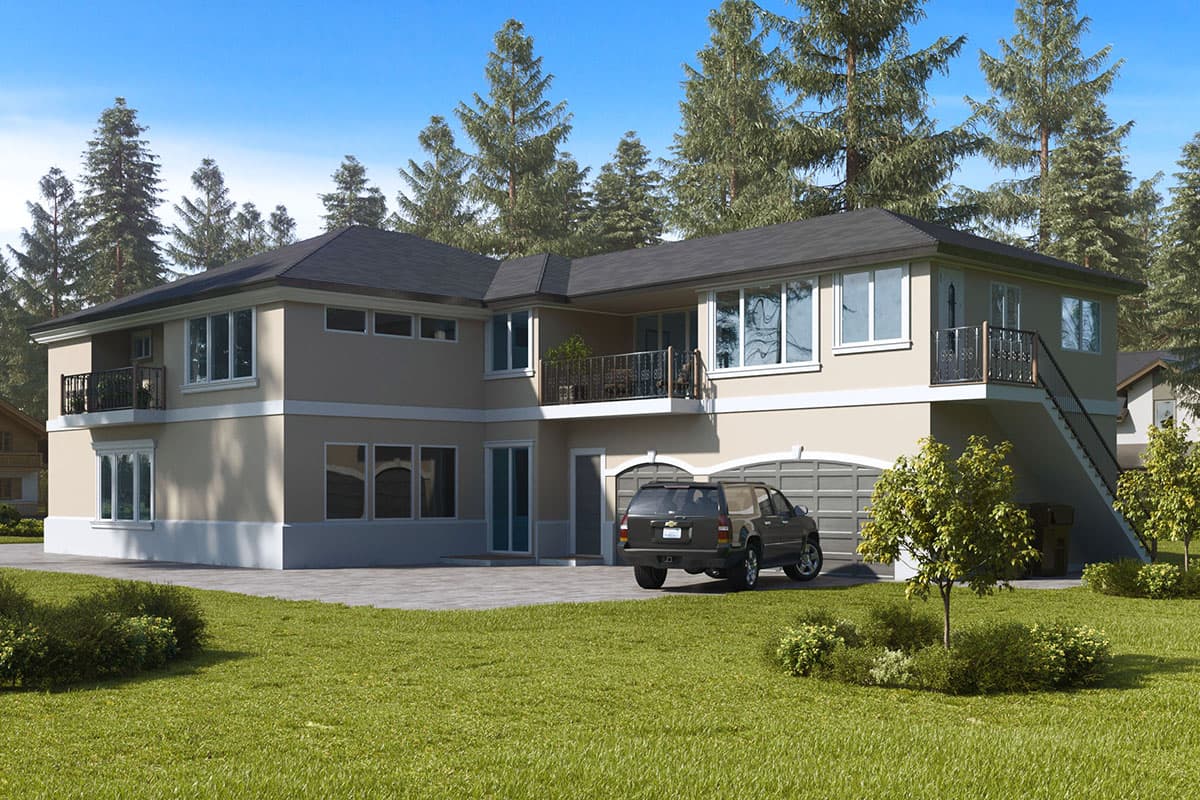Two-story house plan exterior with a pitched roof, balconies, and a three-car garage.