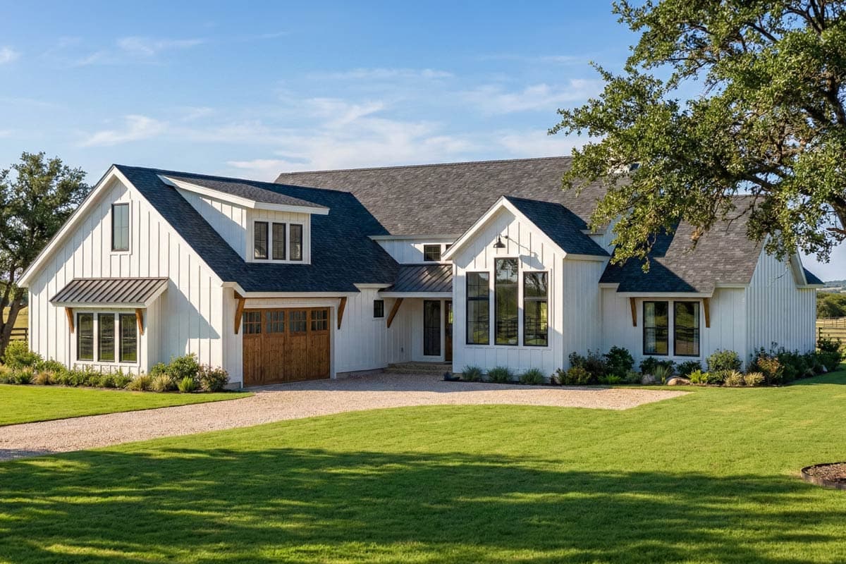 House plan exterior. Two-story Modern Farmhouse with gabled rooflines, dormers, and a detached garage with wood doors.