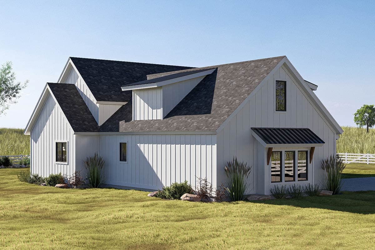Modern Farmhouse house plan exterior with vertical siding, gables, dormers, and a metal awning over a bay window.