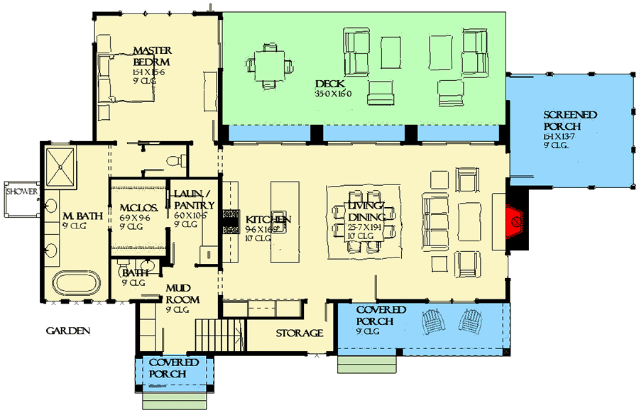 Plan 970084VC: Two-Story Farmhouse Plan with Ample Outdoor Living Space - Floor Plan - Main Level - Coastal, Coastal Contemporary, Country, New American, Southern, Transitional