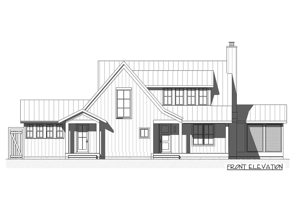 Front elevation of a two-story house plan with a gable roof, metal siding, covered porches, and a prominent chimney.