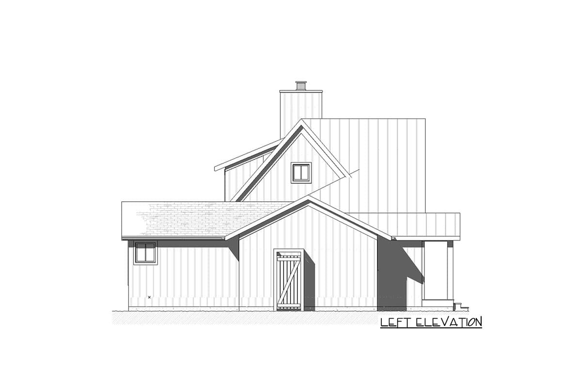 Left elevation of a house plan, featuring multiple rooflines, a dormer window, a chimney, and a louvered door.