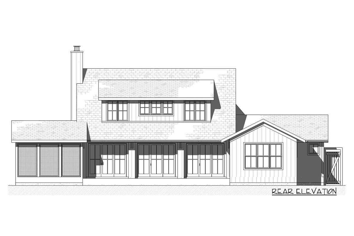 Rear elevation drawing of a two-story house plan with a gable roof, dormer windows, and a long row of French doors.