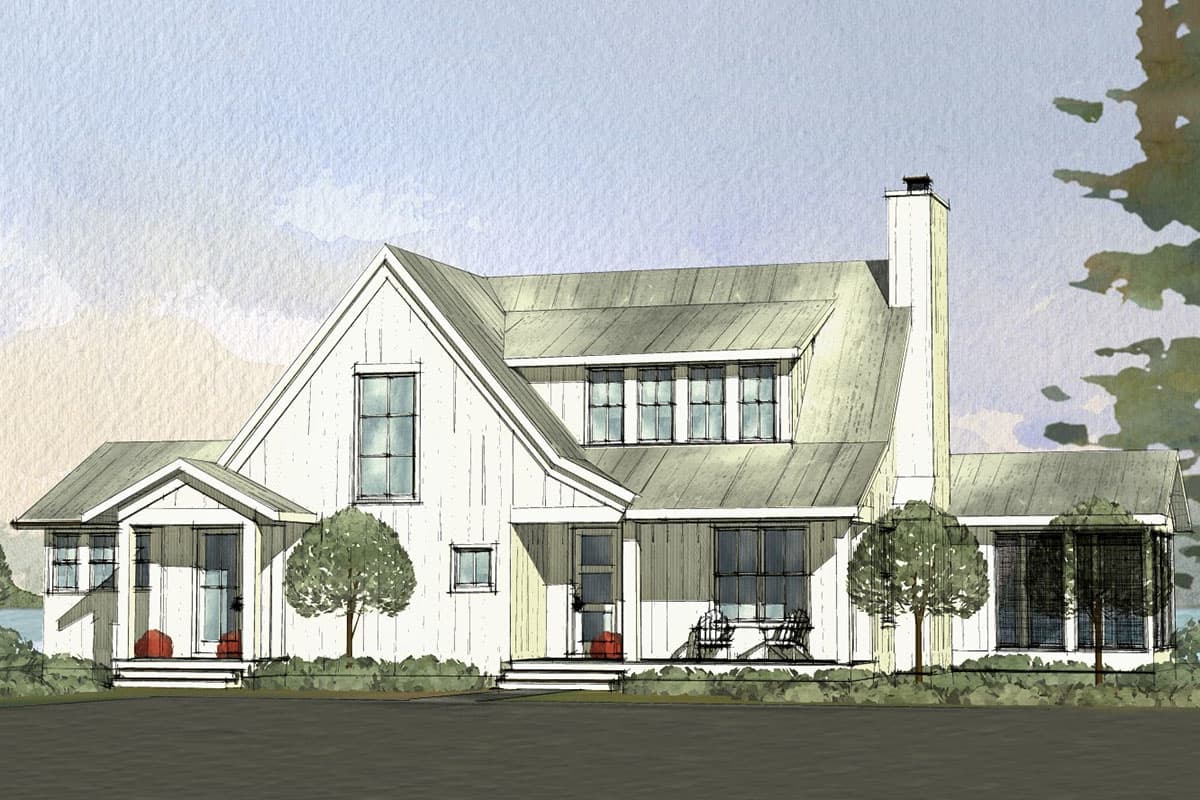 House plan exterior. Modern farmhouse style with gabled roof, dormers, and front porch. Features include a chimney and multiple windows.