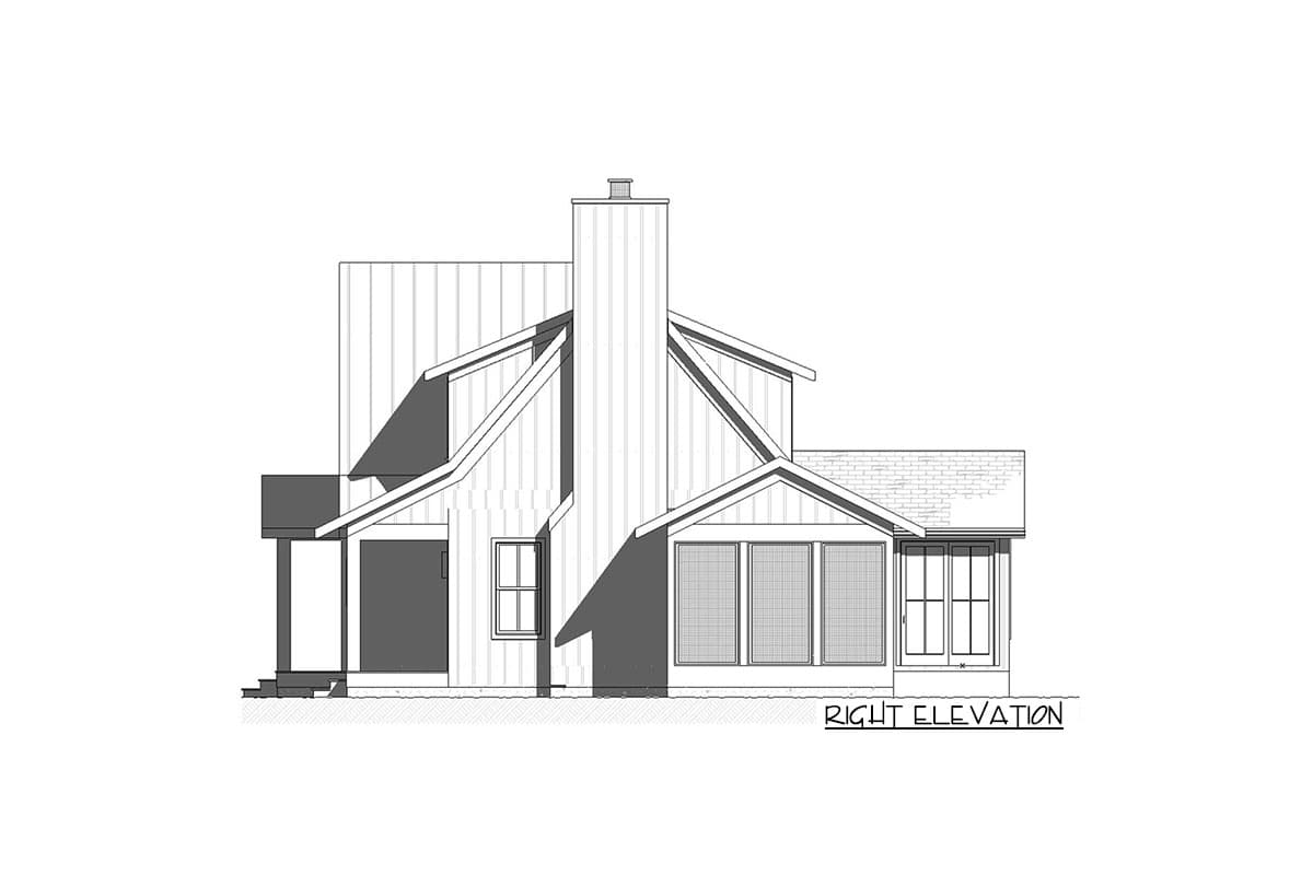 Right elevation house plan with a prominent chimney, multiple gables, front porch, and large windows.