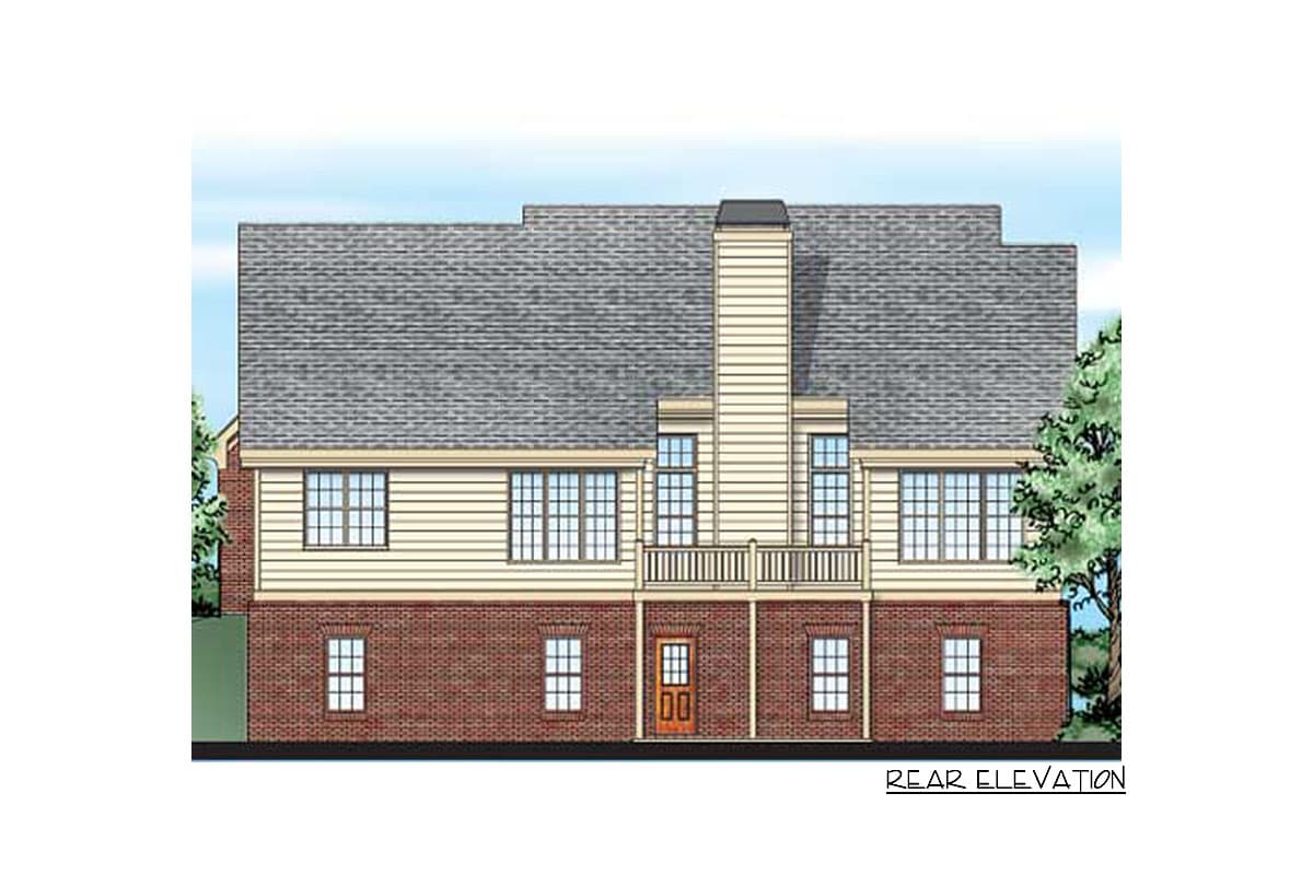 Rear elevation drawing of a house plan with brick lower level, horizontal siding, and prominent chimney.