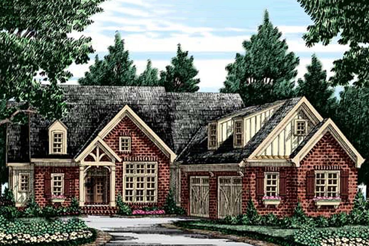 House plan exterior with brick facade, prominent gables, dormers, covered entry, and side-facing garage.