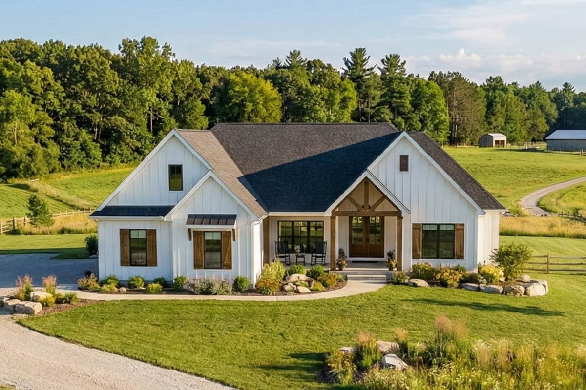 Modern Farmhouse house plan exterior with gabled roof, covered entry with timber accents, and board and batten siding.