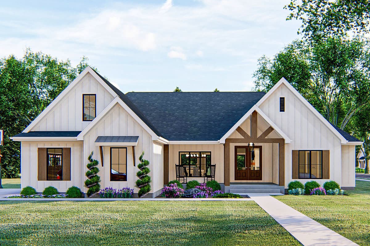 House plan exterior. Modern Farmhouse style with gabled roof, covered porch with exposed beams, and dark-trimmed windows on a one-story home.