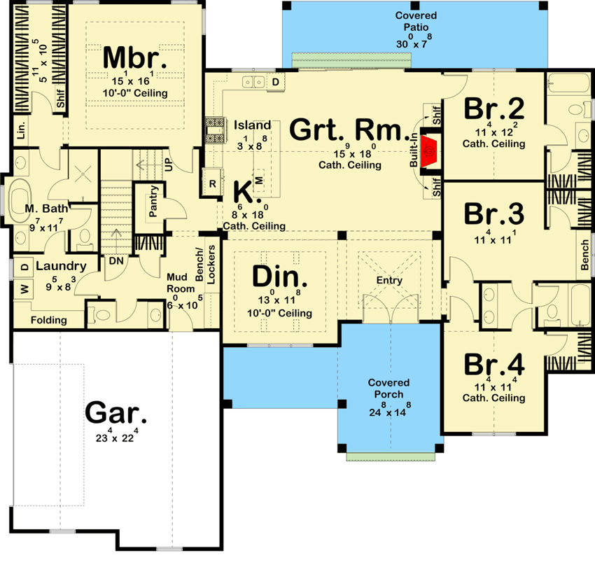 Plan 62835DJ: 4-Bed New American House Plan with Wood Beam Accents - 2309 Sq Ft - Floor Plan - Main Level - Country, Farmhouse, New American, Southern