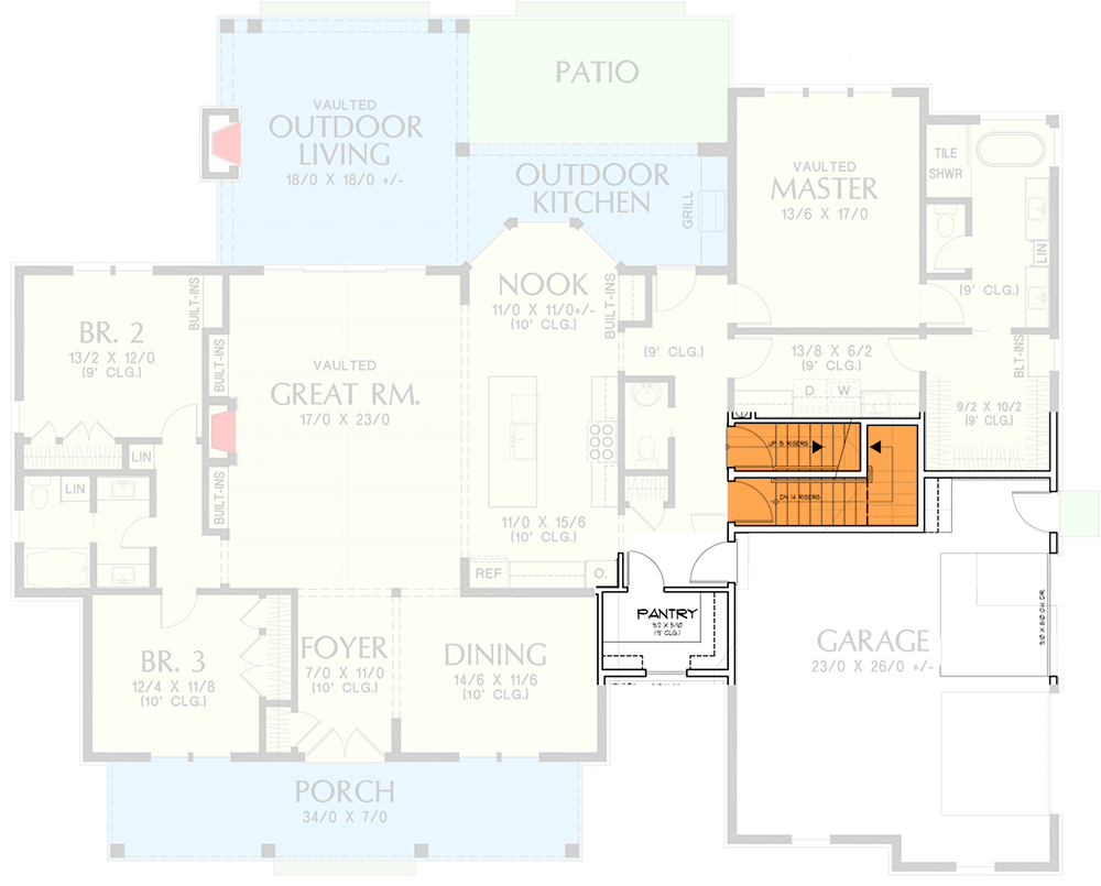 Plan 69755AM: Modern Farmhouse Plan with Vaulted Great Room and Outdoor Living Area - 2460 Sq Ft - Floor Plan - Optional Basement/Bonus Stair Location - Country, Farmhouse, Modern Farmhouse, New American