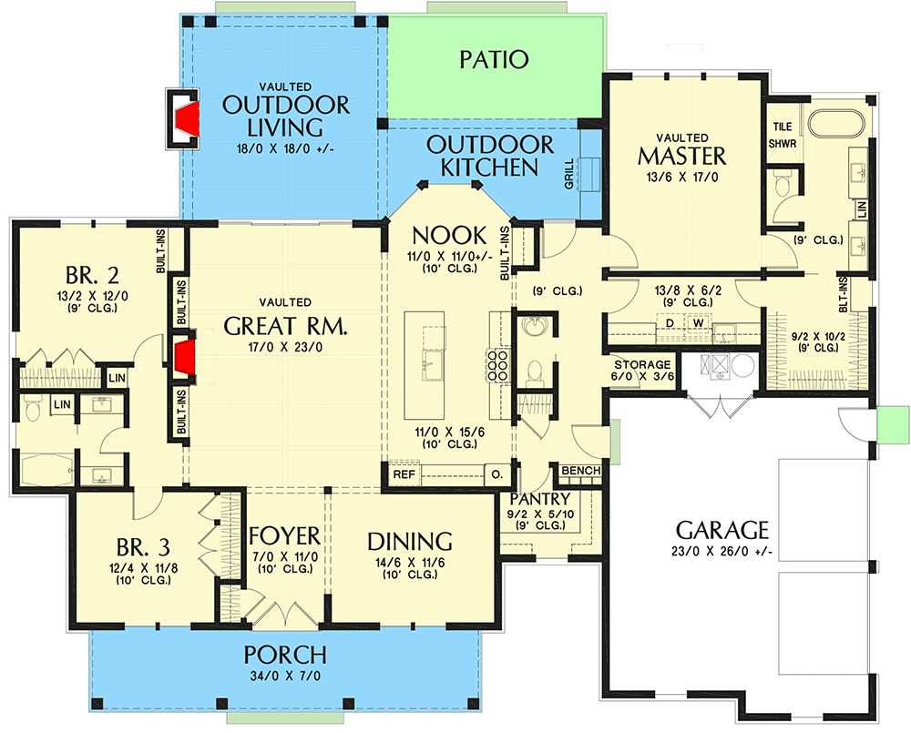 Plan 69755AM: Modern Farmhouse Plan with Vaulted Great Room and Outdoor Living Area - 2460 Sq Ft - Floor Plan - Main Level - Country, Farmhouse, Modern Farmhouse, New American