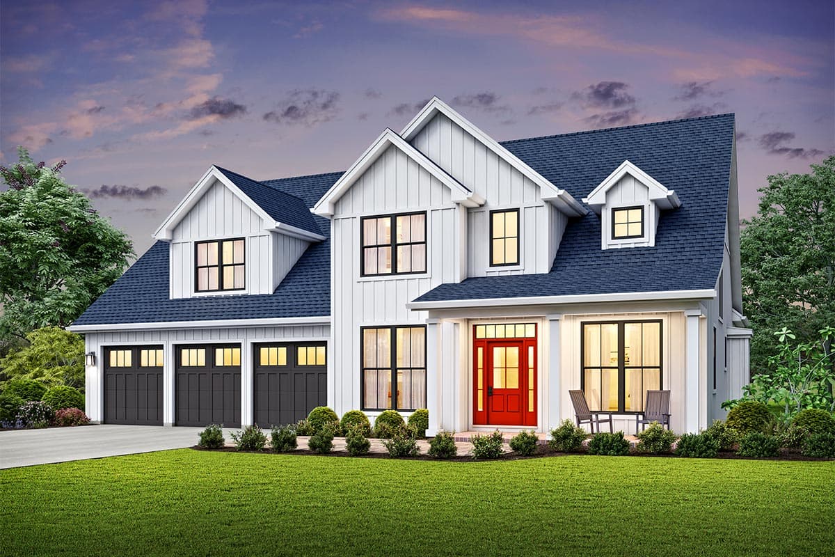 House plan exterior. Two-story Modern Farmhouse with gables, dormers, and a three-car garage. Features a covered porch and a red front door.