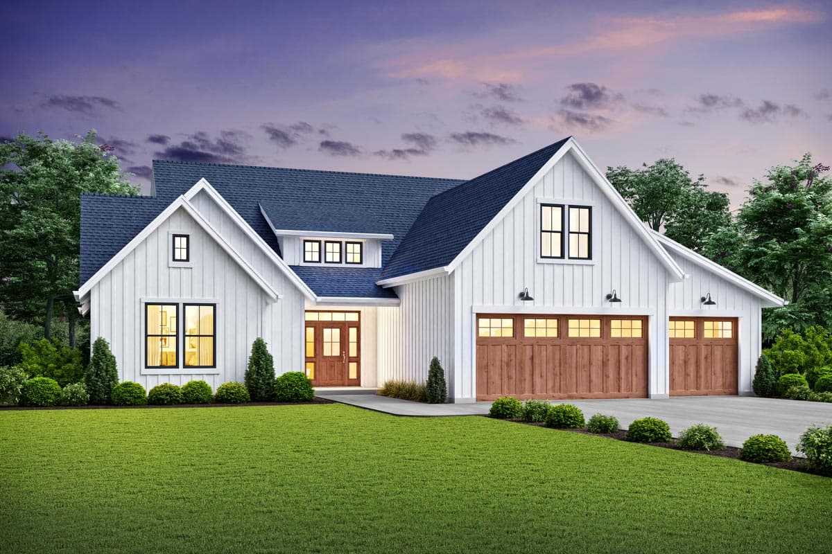 House plan exterior. Two-story Modern Farmhouse with gables, a three-car garage, and dark roof. The exterior features board-and-batten siding.