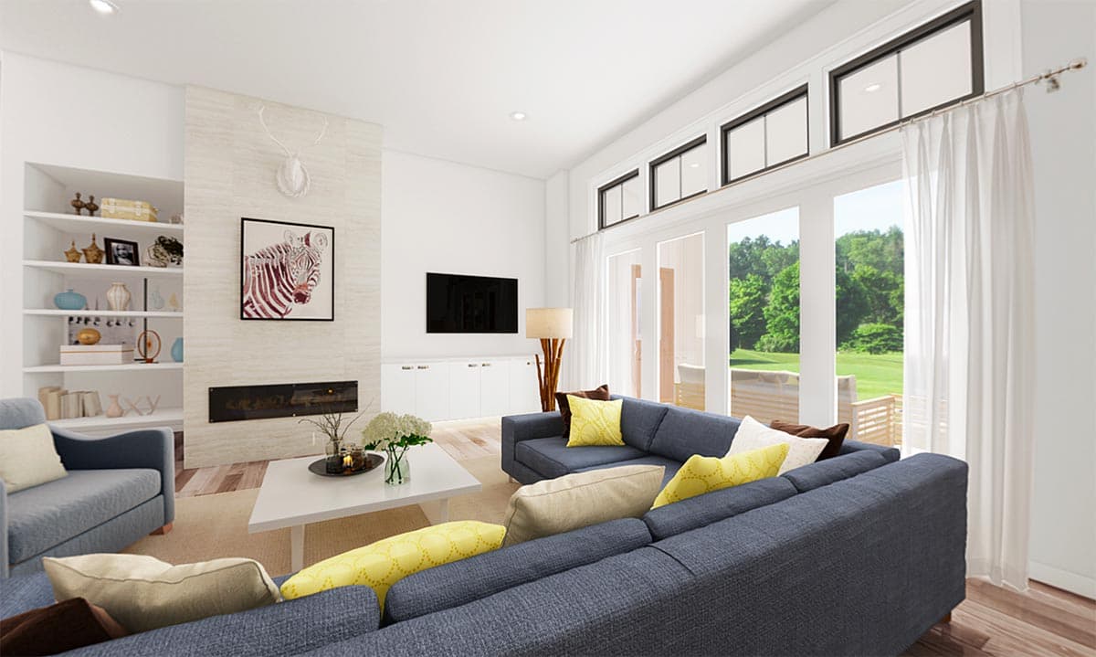 Living room rendering with blue sectional sofa, fireplace, built-in shelving, and large windows with an open view.