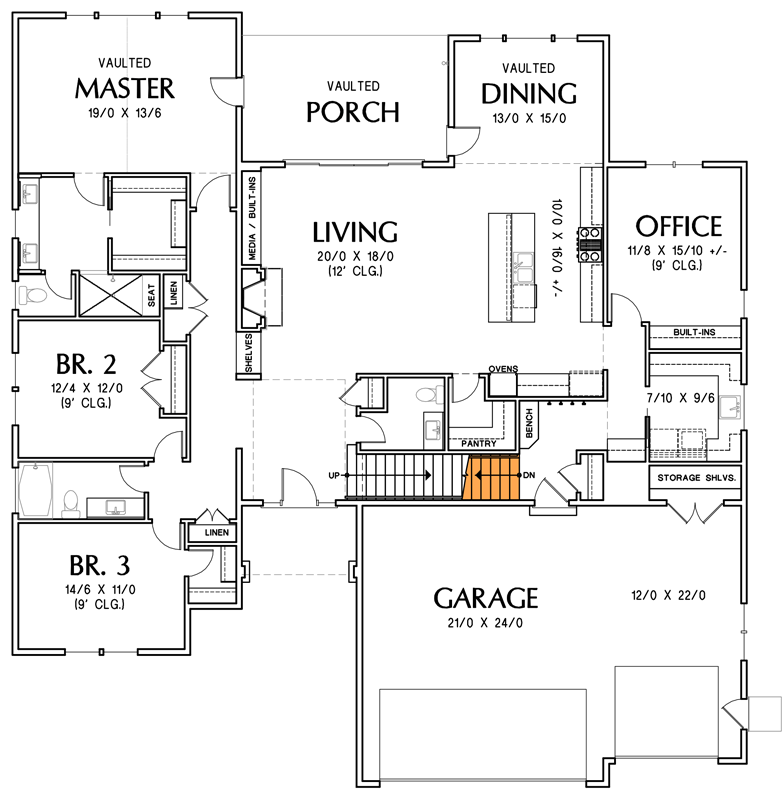 Plan 69757AM: 3-Bed New American House Plan with Large, Open Living Room - 2576 Sq Ft - Floor Plan - Basement Stair Location - Cottage, Country, Craftsman, New American, Northwest