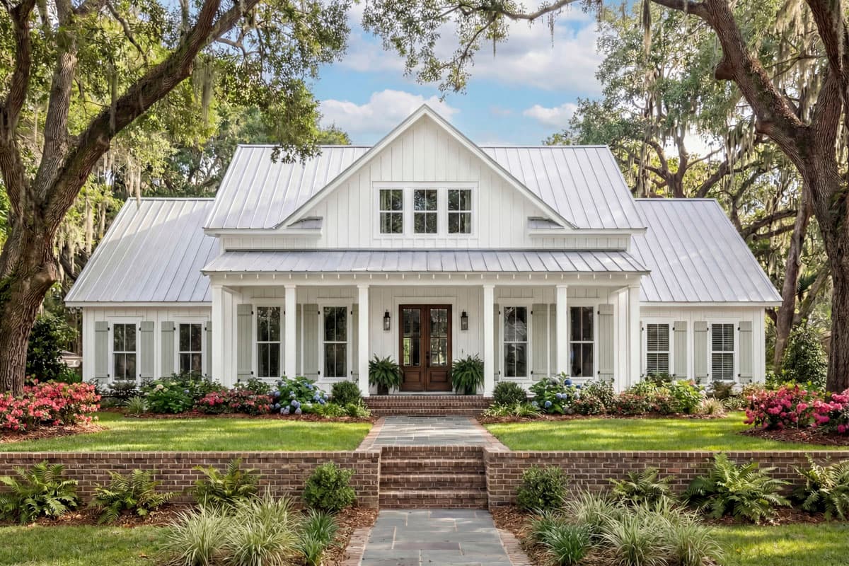 Modern Farmhouse house plan exterior with a gabled roof, full porch with columns, and board-and-batten siding.