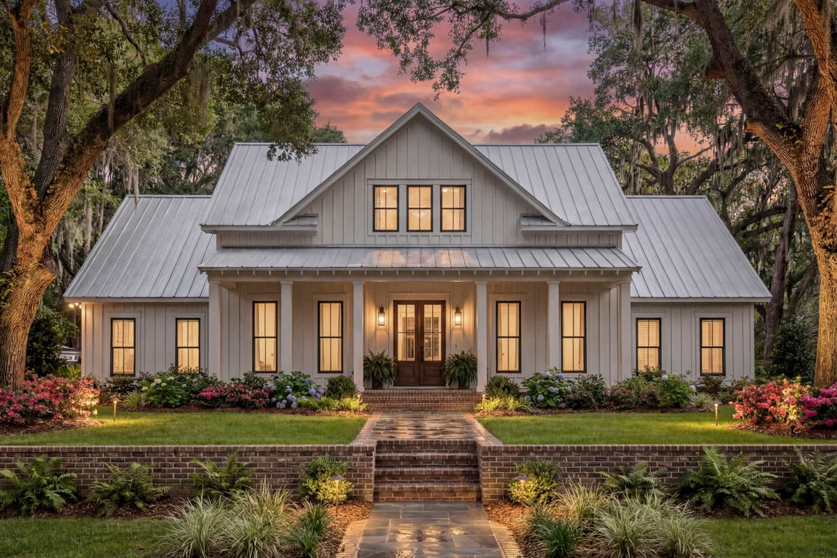 Modern farmhouse style house plan exterior with a covered front porch, gabled roof, and board and batten siding.