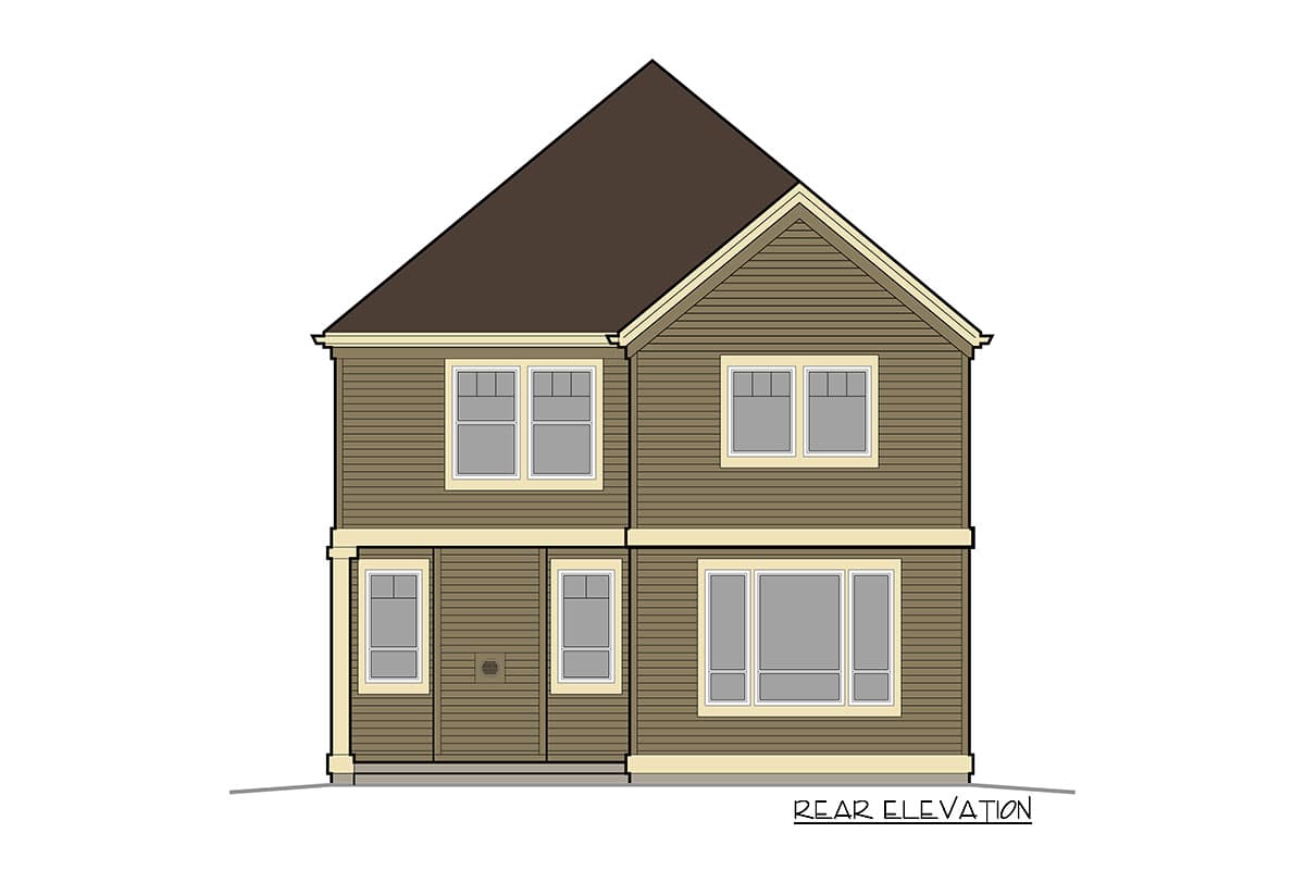 Rear elevation drawing of a two-story house with horizontal siding, a prominent gable, and various window configurations.