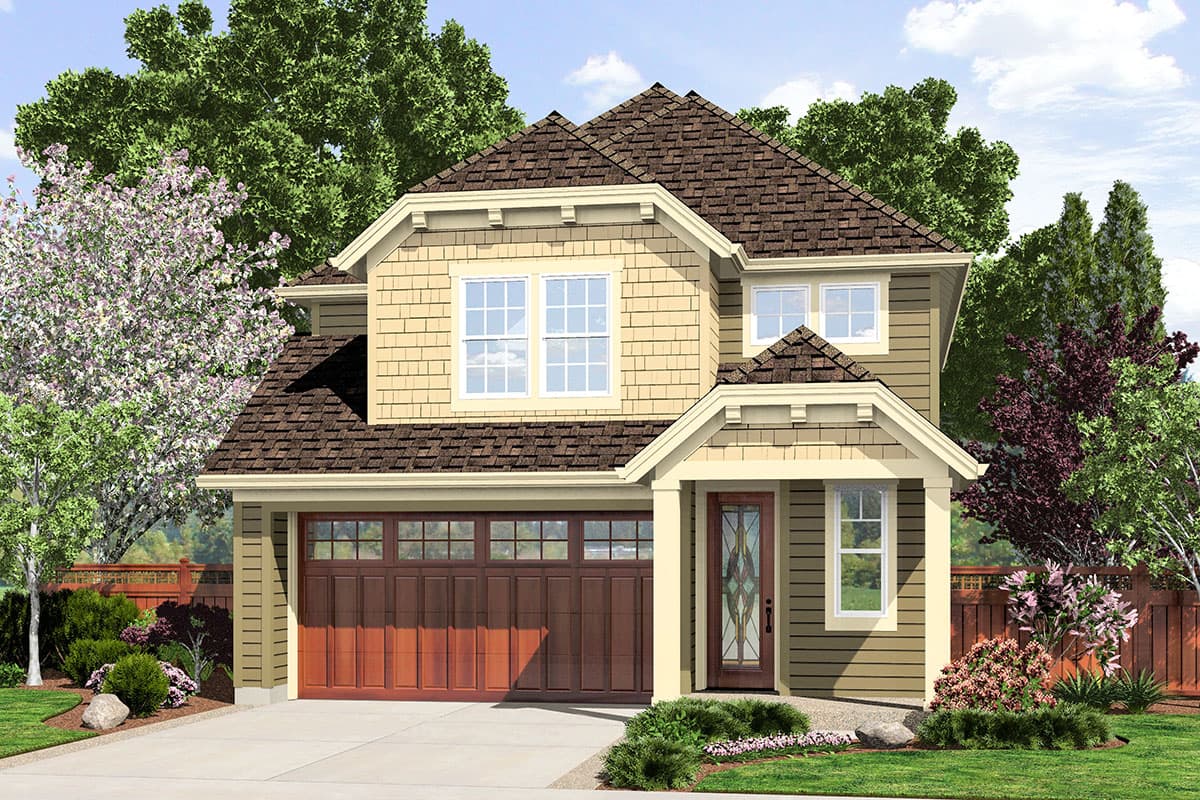 House plan exterior. Two-story Craftsman home with a gabled roof, dormers, and a front-facing garage. Includes a covered front entry porch.