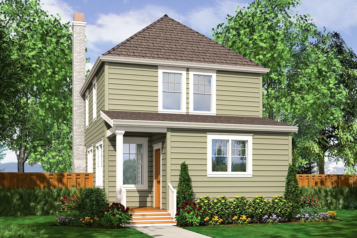 House plan exterior: Two-story home with vinyl siding, hipped roof, prominent brick chimney, and covered front porch with columns.