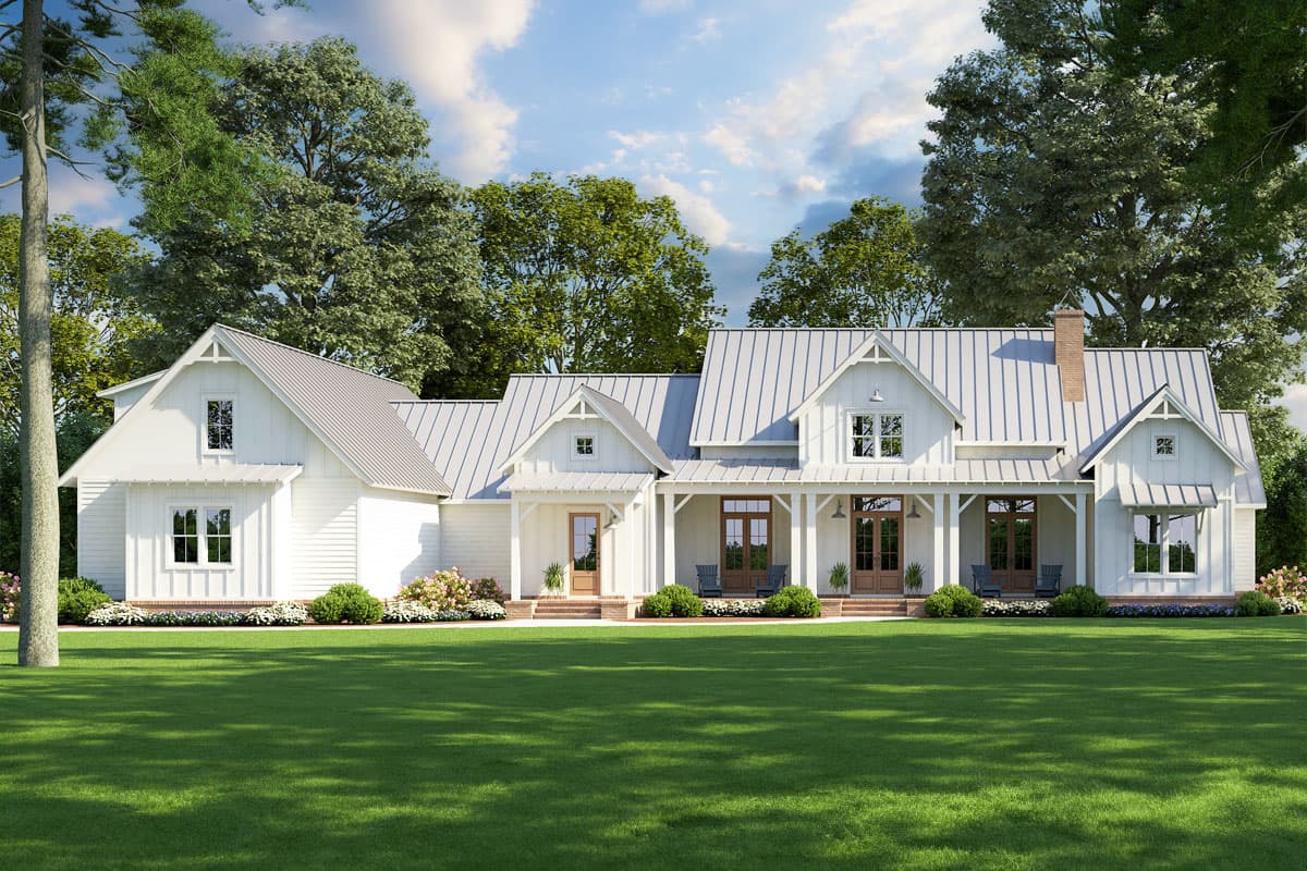 House plan exterior. Two-story Modern Farmhouse with gabled roof, covered porch, and dormers. Features include a brick chimney and metal roof.