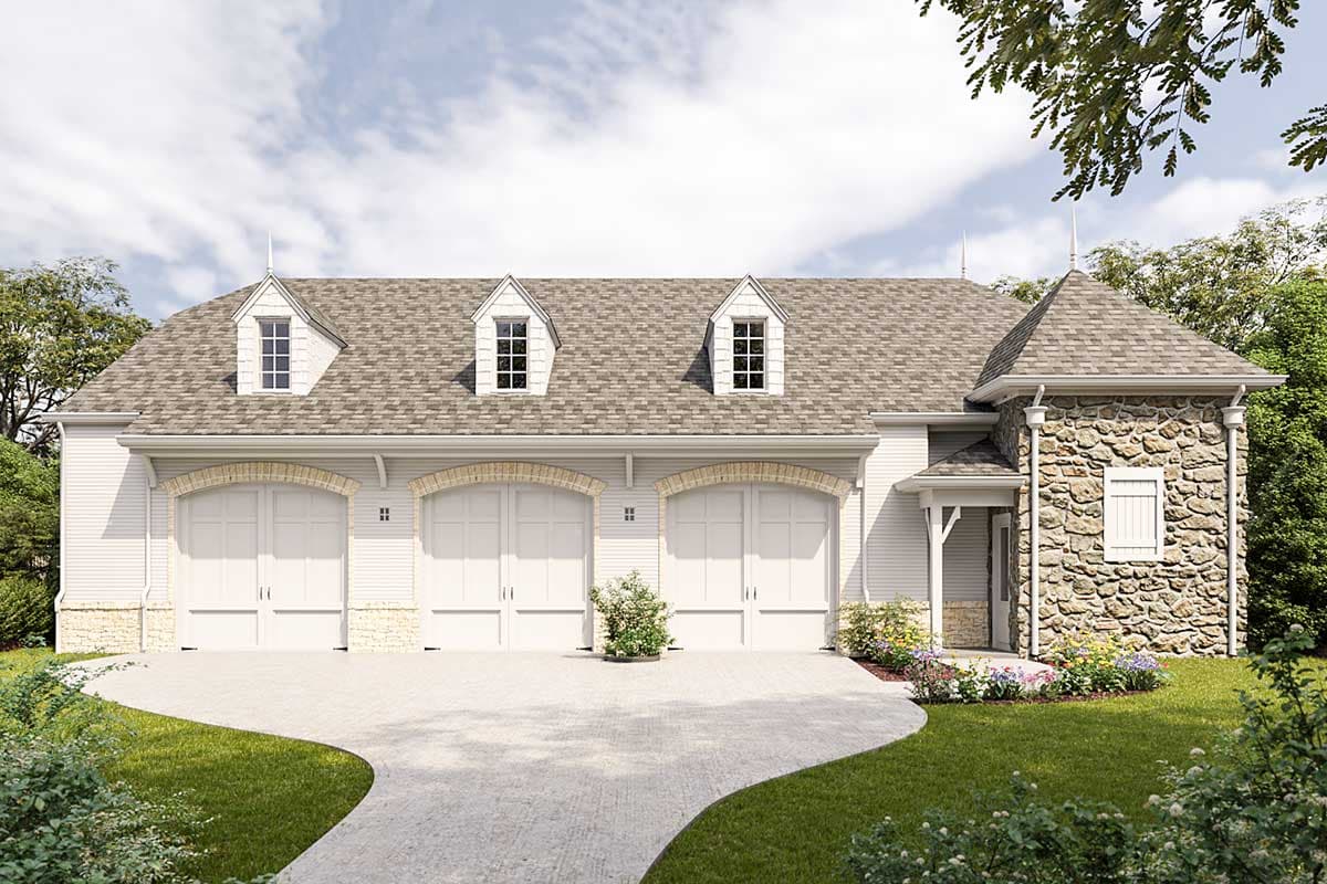 House plan exterior. Two-story with three dormers, stone accent, and arched garage door openings. A small porch is visible.