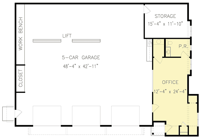 Plan 25689GE: 5-Car Garage with Attached Office - 2362 Sq Ft Garage - 462 Sq Ft Office - Floor Plan - Main Level - Country, European, Traditional