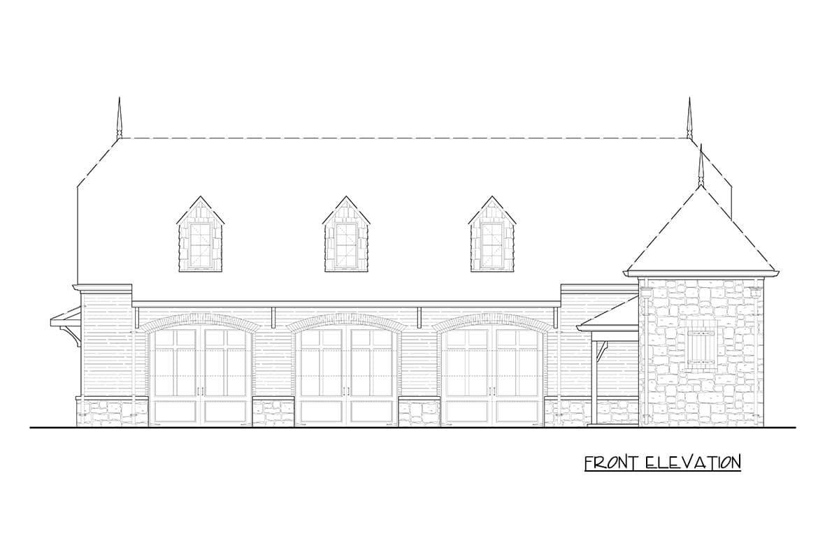 Front elevation of house plan featuring three arched garage doors, stone accents, dormers, and a steeply pitched roof.